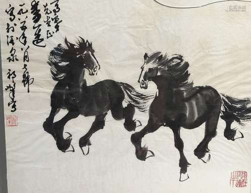 CHINE. Deux chevaux au galop. Encre et lavis d'encre sur pap...