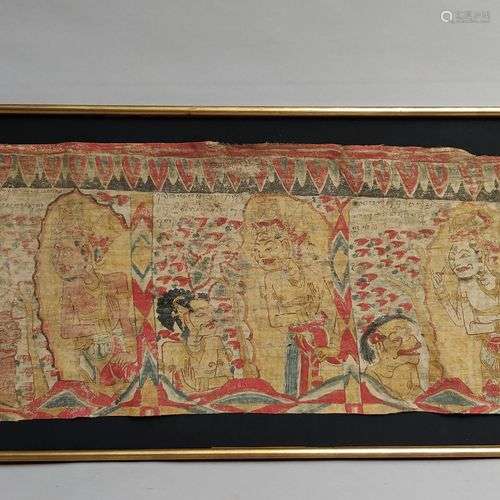 TIBET. Frise à décor de personnages. Fragment de peinture su...