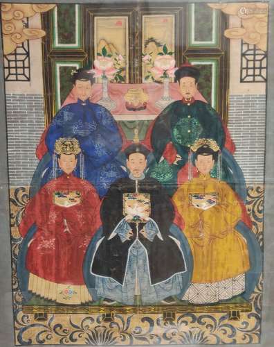 CHINE. Famille de dignitaires dans un intérieur. Peinture po...