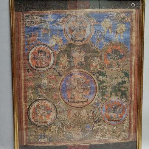 TIBET. THANGKA. Peinture sur soie. 72 x 86 cm. Taches, usure...