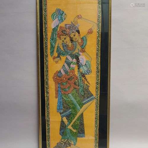 INDONESIE. Deux danseuses. Peinture polychrome sur soie sign...