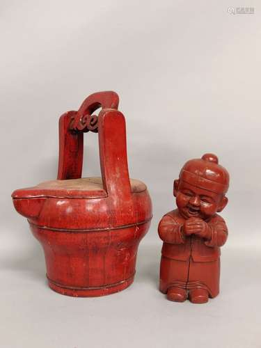 CHINE. Lot comprenant : 1° SUJET en bois laqué rouge figuran...