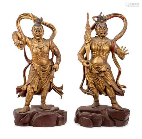 A Pair of Chinese Gilt Lacquered Wood Figures of