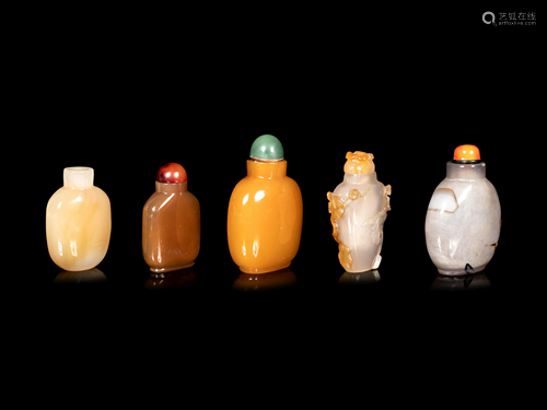 Five Chinese Hardstone and Glass Snuff Bottles