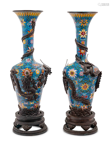 Two Pairs of Chinese Blue Ground Cloisonné