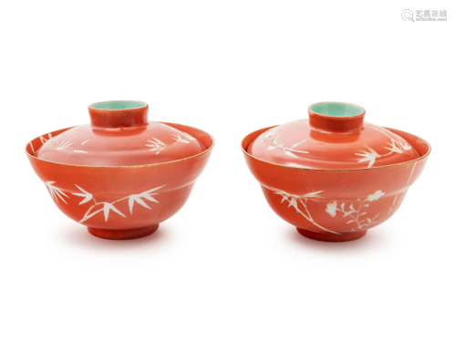 A Pair of Chinese Coral Red Ground Porcelain 'Bamboo'