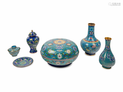 Six Chinese Blue Ground Cloisonné Enameled Vessels