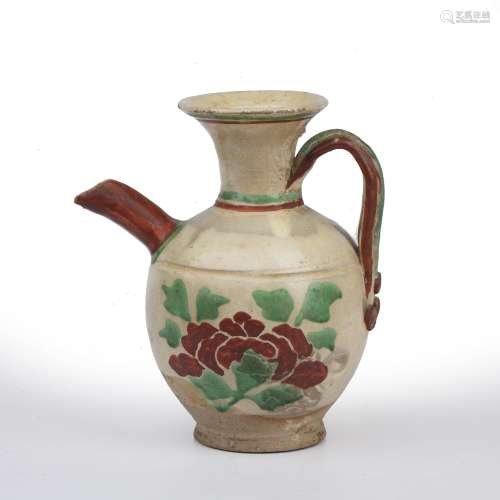 White glazed ewer Chinese, Tang dynasty painted with a flowe...