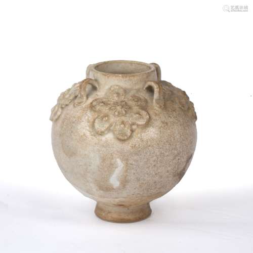 Miniature glazed vase Chinese with moulded flowers around th...