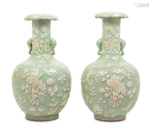 A Pair of Chinese Celadon Glazed Porcelain Vases