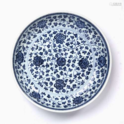 Blue and white Ming style 'lotus' dish Chinese, 19th Century...