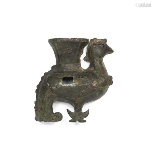 Bronze model of a phoenix Chinese with stylized symbols over...