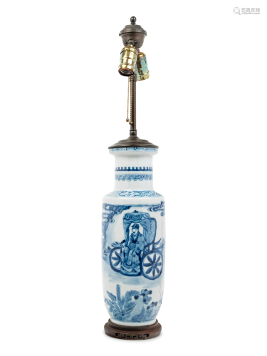 A Chinese Blue and White Porcelain Rouleau Vase
