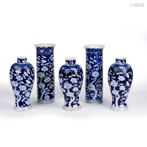 Garniture of five porcelain blue and white vases Chinese, 19...