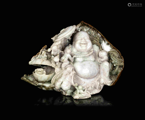 A Large Chinese Green and Pale Celadon Jadeite Figural