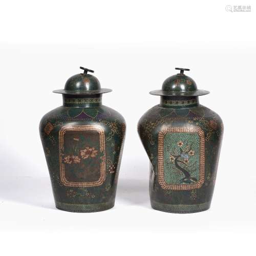 Pair of green square section cloisonne vases Japanese each w...
