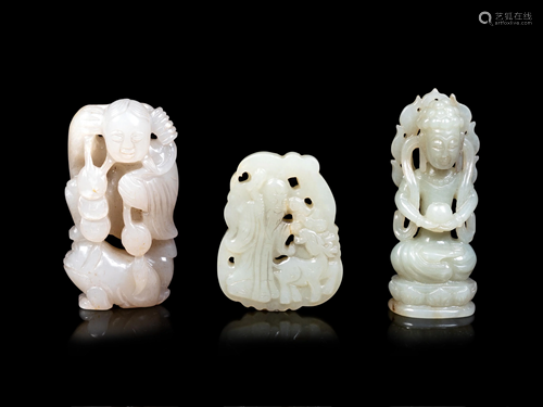 Three Chinese Celadon Jade Carved Figures of Immortals