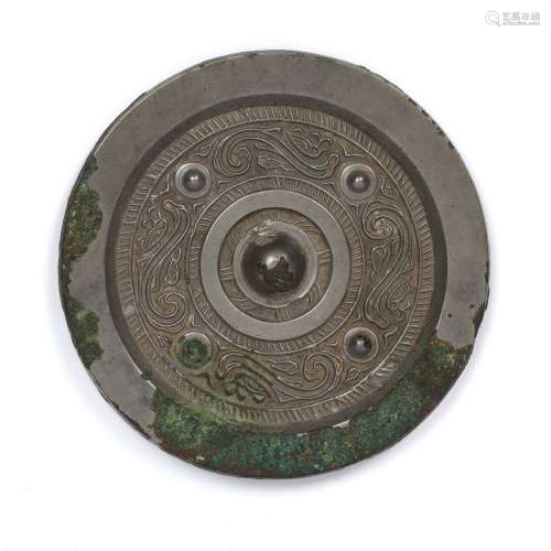 Silvered bronze circular mirror Chinese cast with a central ...