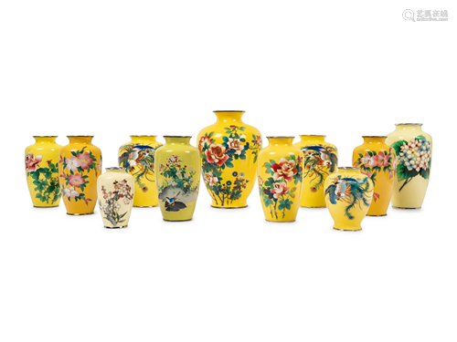 11 Japanese Yellow Ground Cloisonné Enamel and