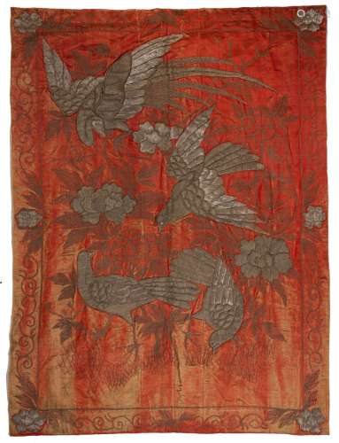 Large silk wall hanging Chinese, circa 1900 with silver thre...