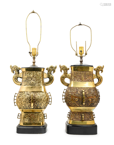 A Pair of Chinese Bronze Archaistic Bronze Hu Vases