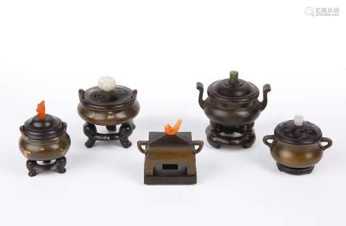Cased set of five miniature bronze censers Chinese, 19th / 2...