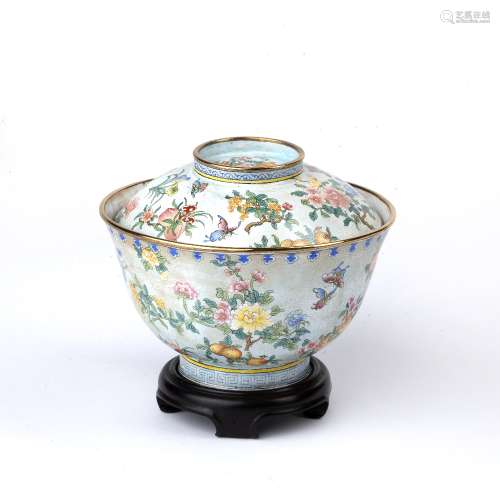 Enamel bowl and cover Chinese painted with fruit and flowers...