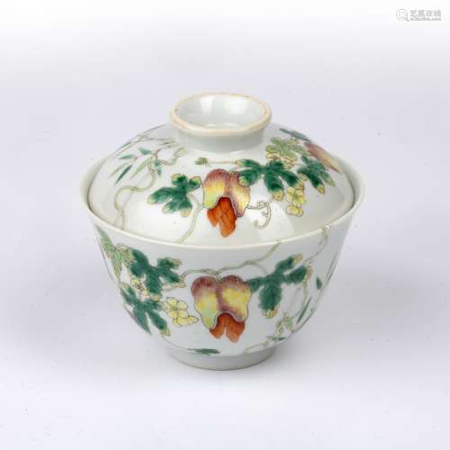 Porcelain bowl and cover Chinese painted with fruit, butterf...