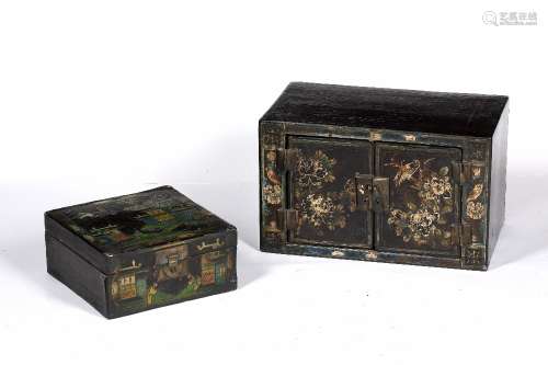 Two lacquer and painted boxes Chinese each with painted deco...