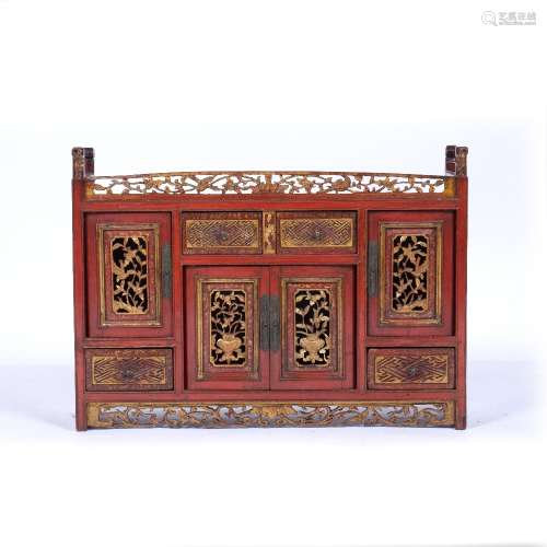 Wood and red lacquer altar cabinet Chinese with carved drawe...