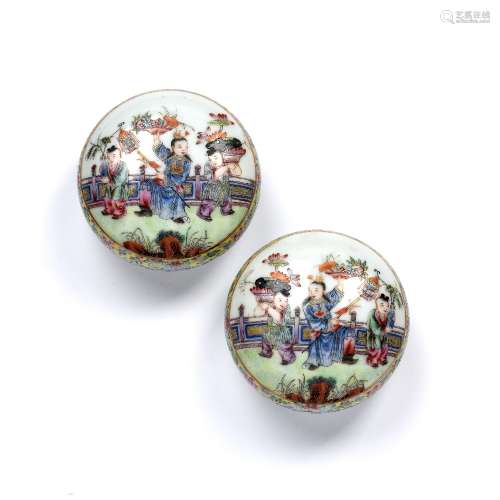 Pair of famille rose 'Children at play' circular boxes and c...