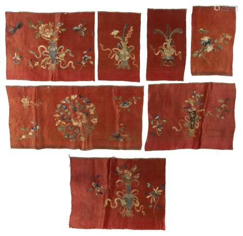 Seven various silk and embroidered fragments/panels Chinese ...