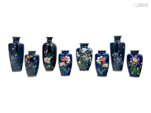 Eight Japanese Blue Ground Cloisonné Enamel and