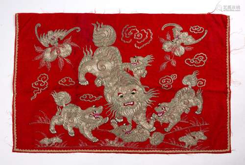 Red ground silk panel Chinese embroidered in silver metal th...