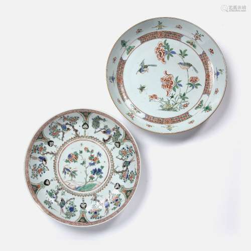 Two famille verte chargers Chinese, Kangxi both with bird an...