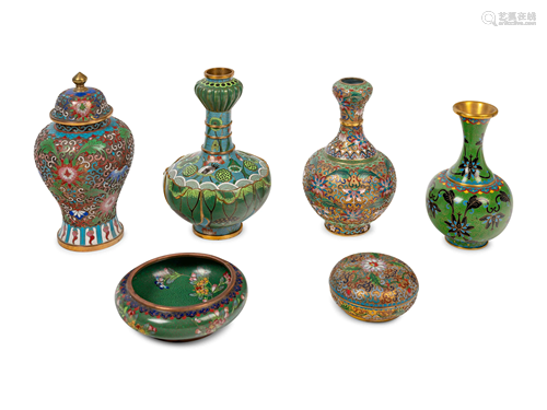 Six Chinese Green Ground Cloisonné Enameled