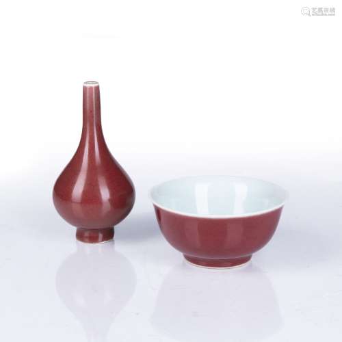 'Ox-Blood' glazed vase and bowl Chinese the vase with a six ...