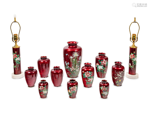 12 Japanese Red Ground Cloisonné Enamel and