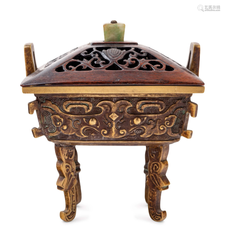 A Chinese Parcel-Gilt Bronze Ding-Form Incense Burner