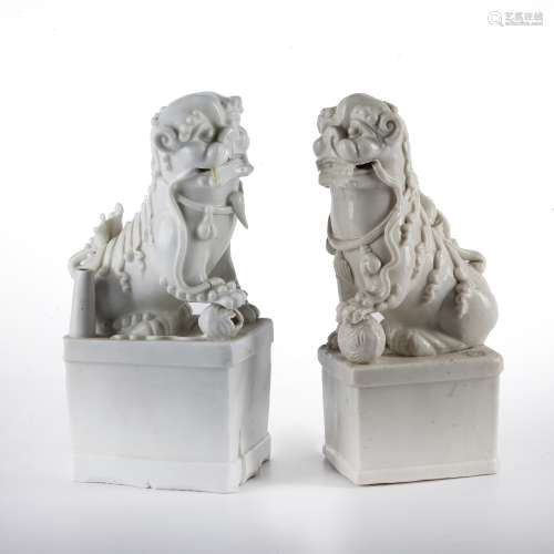 Near pair of blanc de chine dogs of fo Chinese each depicted...