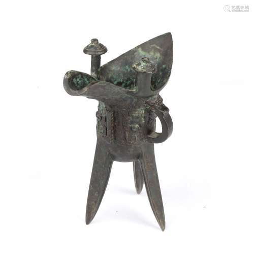 Bronze ritual tripod wine vessel, Jue Chinese, 18th/19th Cen...