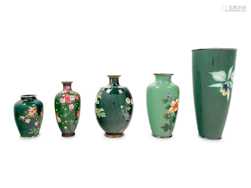 Five Japanese Green Ground Cloisonné Enamel and