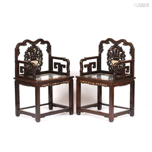 Pair of hardwood and marble armchairs Chinese, late 19th Cen...