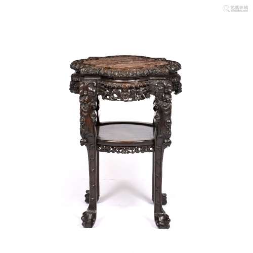 Rose and hardwood marble large urn stand Chinese, 19th Centu...