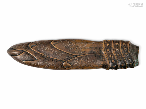 A Chinese Inlaid Bronze Bamboo Shoot-Form Paper Weight