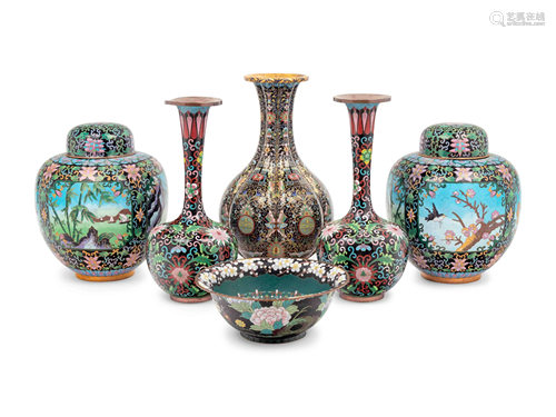 Six Chinese Black Ground Cloisonné Enamel Vessels