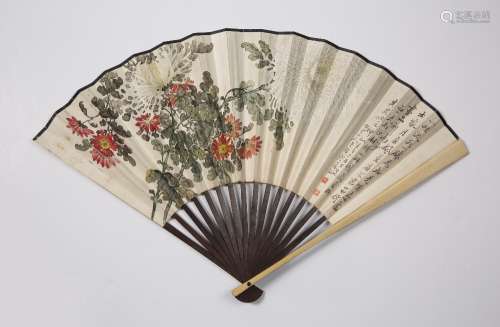 Painted fan Chinese, 20th Century painted with flowering blo...