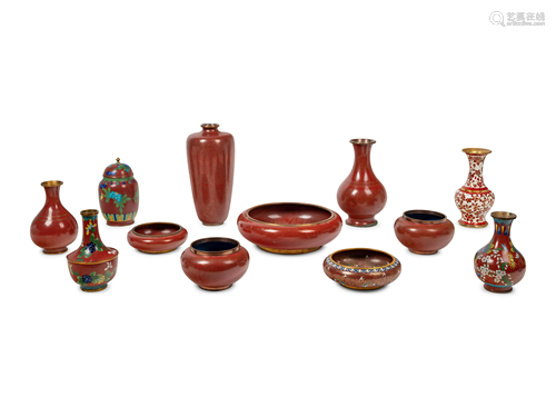 12 Japanese Red Ground Cloisonné Enameled Vessels