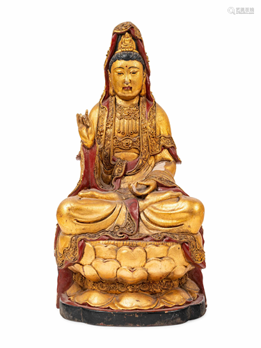 A Chinese Gilt Lacquered Wood Figure of Guanyin