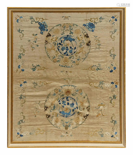 A Large Chinese Cream Ground Embroidered Silk Panel